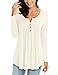 Lookbook Store Women's Beige Long Sleeve Henley V Neck Ruched Shirt Button Tunic Tops Blouse M(US 8-10)