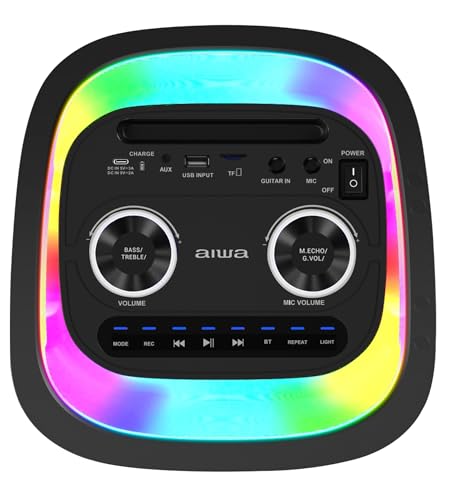 Aiwa Bocina Portátil Bluetooth 5.0 de 60W RMS, Bafle con Doble Woofer 6.5" y Tweeter 2", Sonido Potente, Luces LED, TWS, Radio FM, Entrada Micrófono y Guitarra, Ideal Fiestas y Karaoke AWPOH4D