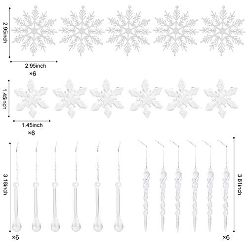 Outgeek 24 Pcs Poinsettia Christmas Flower Decoration and Icicles and Fixing Clip Set Christmas Glitter Artificial Flowers Red Christmas Tree Ornament