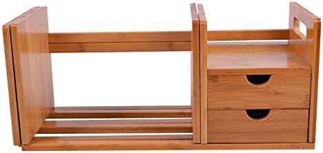Natural Bamboo Adjustable Freestanding Desktop Bookshelf Storage Organizer Display 2 Drawers Rack