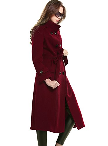 Escalier Women's Double-Breasted Trench Coat Wool Jacket with Belt Wine XL - Thumbnail 2
