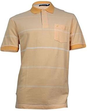 Men's Striped Collared Cotton Polo, Orange Sorbet