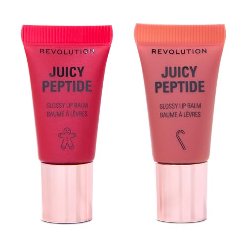 Revolution Juicy Peptide Mini Lip Balm Gift Set, edizione limitata ai gusti festivi Candy Cane & Gingerbread, con peptidi, Vegan & Cruelty-Free