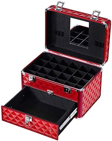 Makeup Train Case, Professional Organizer, with 24 compartments Nail polish storage and 1 Drawer, Beauty Vanity Makeup Case with Mirror Portable Cosmetic Holder