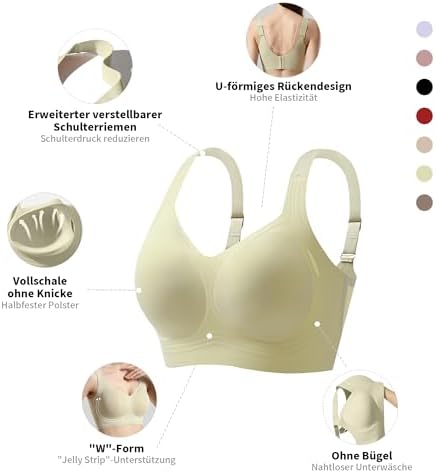 Bügelloser BH Damen Ohne Bügel, V-Ausschnitt Nahtlos Gepolstert Push Up BH mit Starkem Halt für Große Brüste Große Größen