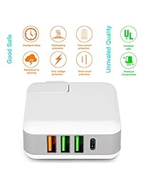 Cargador USB SUENANCY QC3.0 rápido cargador de viaje reemplazable US UK EU AU enchufe multipuerto 4 USB cargador de pared con interfaz tipo C, adaptador de alimentación USB de 25 W para iPhone, Android, Samsung, MacBook
