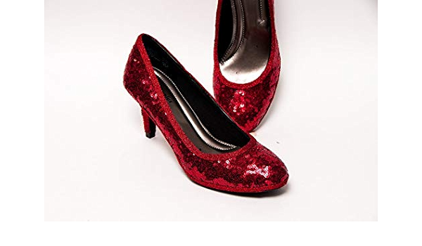 red sequin pumps