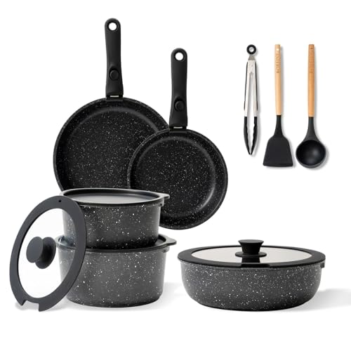 Set di Pentole e Padelle 14 Pezzi, Batteria Pentole Antiaderente Senza PFOA e PTFE, Manico Removibile, Compatibile Induzione, Gas, Forno e Tutti i Piani Cottura, Nero