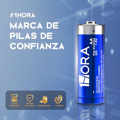 1 Hora Pilas AA, Paquete de 40 Baterias Alcalinas AA industriales LR6 1.5V, Desechables de Alto Rendimiento para Juguetes, Reloj, Despertador, Mando a Distancia portátil y Otros Dispositivos Diarios