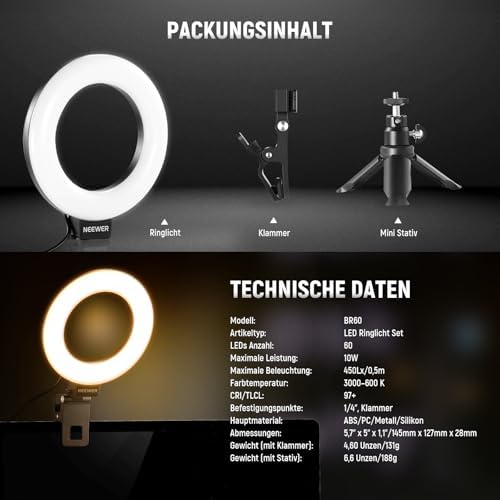 Basics 5" Ringlicht mit Mini Stativ Ständer für Tisch Videokonferenz Licht, Clip on Streaming Set für Monitor Webcam Laptop Computer Make up Selfies Videoaufnahmen, Reinigungstuch, BR60