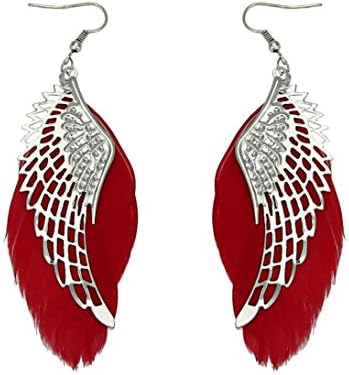 Fineshow Bohemian Handmade Vintage Angel Wings Feather Long Dangle Earrings (Red)