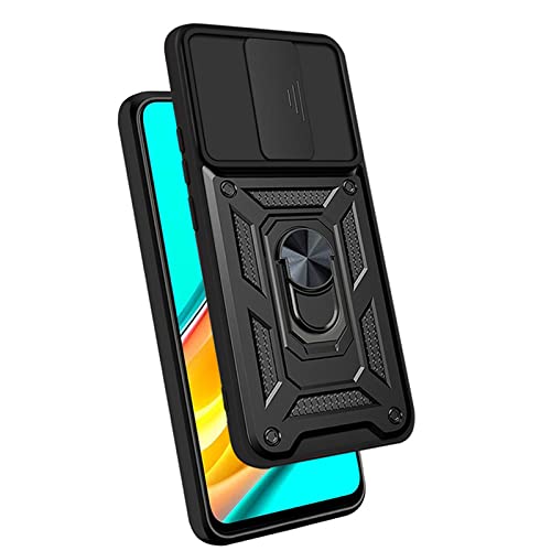 PANXIYUE Xiaomi Redmi 9 Case, Sliding Window Armoured Shockproof Dual Layer Hard PC and TPU Silicone with 360° Magnet Ring Stand Case Cover for Xiaomi Redmi 9, Black