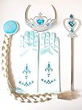 Princess Elsa Dress Up Party Costumes Accessories Set Gloves, Tiara, Wand and Braid, Lake Blue, 4 Pieces (Elsa 4 Pcs)