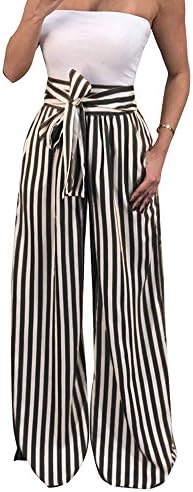 JeanewPole1 Women Striped Flowy Wide Leg High Waist Belted Palazzo Harem Pants