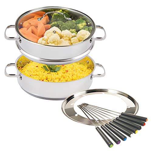 Nuwave Design-18/8 Stainless Steel Cookware,Free of PTFE PFOA PFOS,Fondue Pot Set,Works On All Cooktops and Induction Cooker,Include Pot,Steamer Basket,Glass Lid and 8 Fondue Forks,10 -Yeär Wärranty, 3.5Qt Pot, Silver