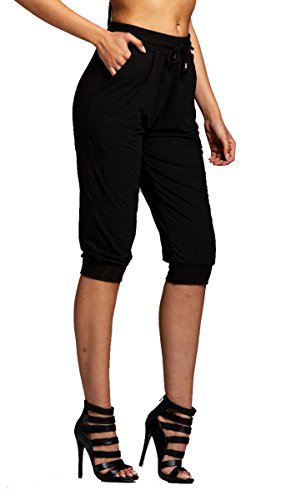 Premium Ultra Soft Capri Leggings Drawstring Look with Pockets - Regular and Plus Size - 30 Trendy Prints by Conceited (Small / Medium, Solid Black)