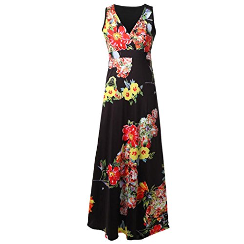 Women's Summer Boho V Neck Sleeveless Floral Print Tank Long Maxi Dress (Black 1, M)