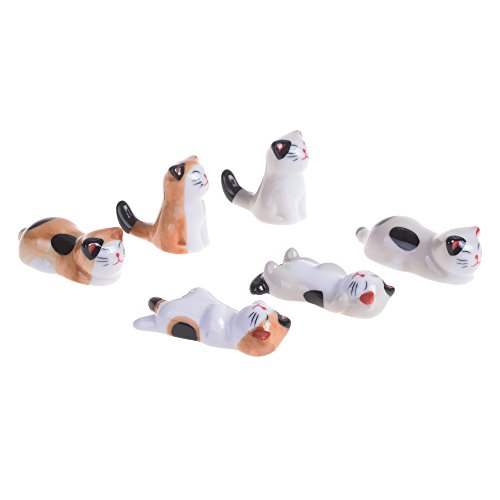 BCP Set of 6 pcs Ceramic Cat Pattern Chopsticks Stand Rest Rack Spoon Fork Knife Holder