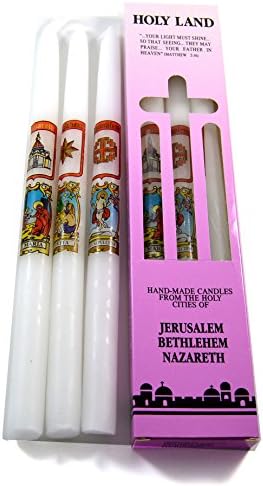Hand made Dripless Taper candles from the Holy Land cities of Jerusalem Bethlehem and Nazareth set of 3 candles 11 inches