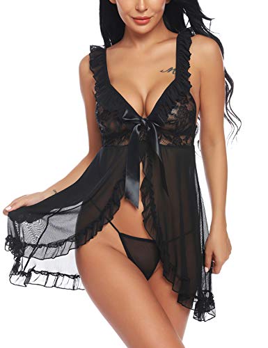 Ababoon Babydoll Lingerie for Women Floral Lace Deep V Neck Sexy Sleepwear Open Front Nightwear Black