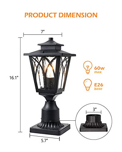 JAZAVA Outdoor Post Light Mounted Fixtures, Exterior Post Lantern LED Street Light with 3-Inch Pier Mount Base One-Light for Patio, Black Finish with Seeded Glass
