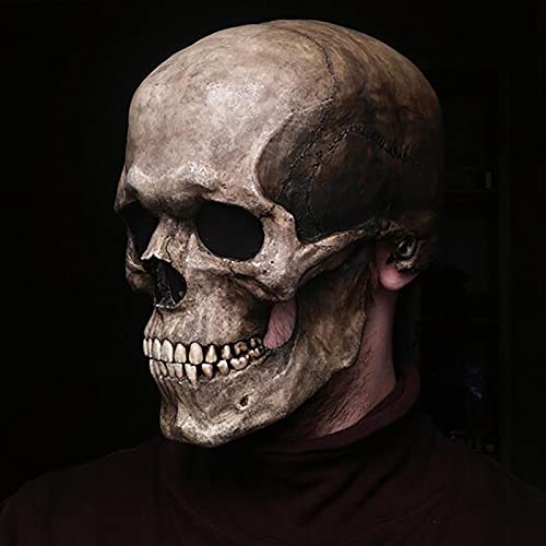 Halloween Horror Decoration Full Head Skull Mask/Helmet with Movable Jaw, Adult Entire Head Realistic Latex Helmet, Creepy Scary Skeleton Headgear (Soft Glue-Gray)