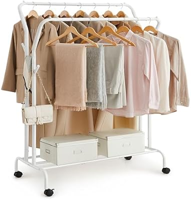Stand Appendiabiti Doppio, Attaccapanni con Ruote, Struttura in Acciaio, Portata Fino a 100 kg, Larghezza di 103,5 cm, Multifunzione, Bianco HSR107W01