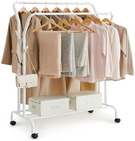 Stand Appendiabiti Doppio, Attaccapanni con Ruote, Struttura in Acciaio, Portata Fino a 100 kg, Larghezza di 103,5 cm, Multifunzione, Bianco HSR107W01