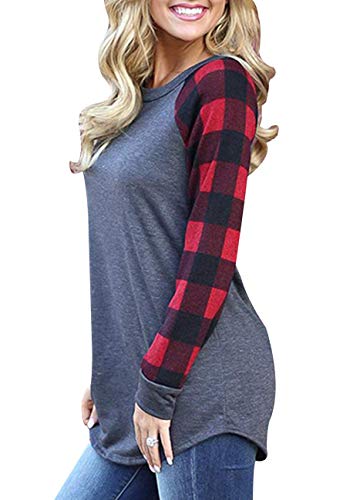 Women Raglan Plaid Sleeve Casual Tee Shirt Cotton Color Block Tunic Blouse and Tops