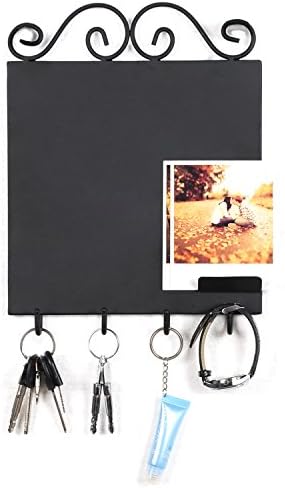 Wall Mounted Black Metal Scrollwork Design Erasable Chalkboard Memo Sign w/Chalk Holder & 4 Key Hooks
