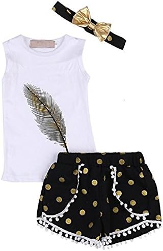 Ibeliver 3PC Baby Girl Feather Vest Tops+Golden Dots Tassels Short Pants+Bowknot Headband (100 (3-4 Years))