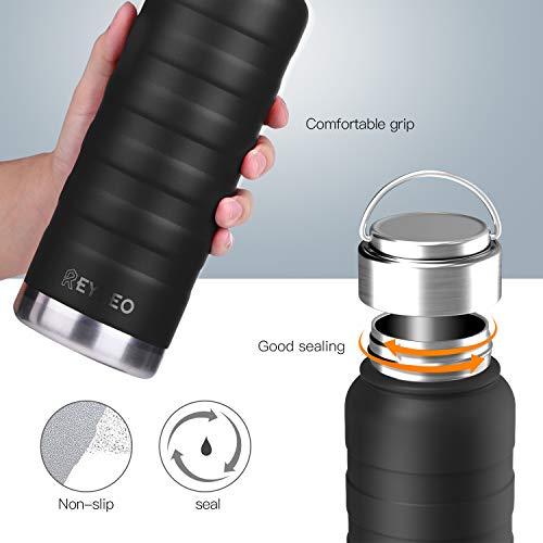 REYLEO Insulated Water Bottle with Straw Lid- 24 Oz Black, 2 Lids, 18/8 Stainless Steel Water Bottle, Keep Cold 24 Hours& Hot 8 Hours, Standard Mouth with Straw Lid