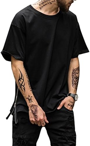 Mens Hip Hop Basic Crewneck Longline Round Hemline T-shirt with Side Zipper