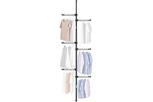 Hershii Garment Clothes Rack Coat Tree Clothing Drying Hanging Holder Organizer Standing Adjustable Laundry Pole Tension Rod Floor to Ceiling Indoor Corner Storage Shelf 6 Tiers - Black