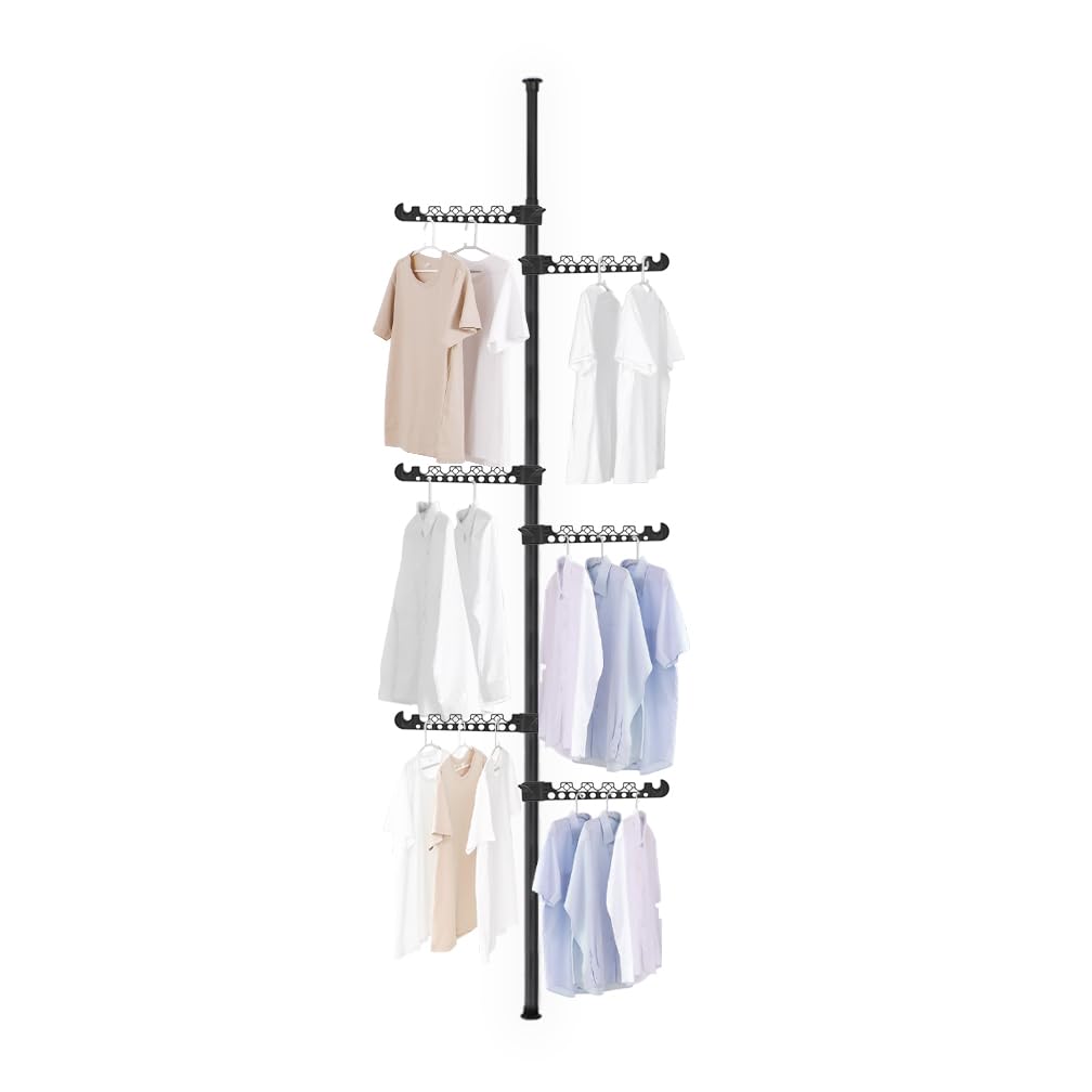 Hershii Garment Clothes Rack Coat Tree Clothing Drying Hanging Holder Organizer Standing Adjustable Laundry Pole Tension Rod Floor to Ceiling Indoor Corner Storage Shelf 6 Tiers - Black