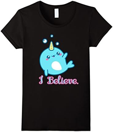 Womens Cute Kawaii Narwhal I Believe Cartoon T-Shirt Small Black