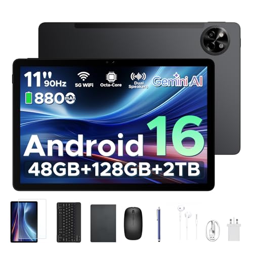 POPUX P11 Android 16 Tablet 11 Inch, 48GB RAM+128GB ROM (2TB TF), 90Hz, T7250 Octa-Core, 8800mAh, 13MP+5MP, Gemini AI, Widevine L1, Face ID, GPS, FM, Tablets with Keyboard and Pen, Black