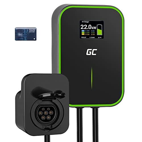 Green Cell GC PowerBox Wallbox 22kW RFID Cargador para EV PHEV | Cargando con 22kW/11kW/7.2kW | Toma de Tipo 2 | Pantalla LCD | Compatible con Model 3/S/X/Y, ID.3, ID.4, 500e, EV6, E-Tron, ZOE, Mach-E