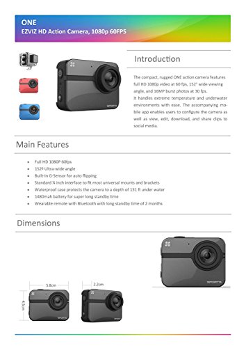 EZVIZ One Action Camera HD 1080P 60FPS WiFi Enabled (Grey)