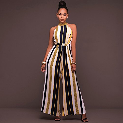 Women's Sleeveless Jumpsuit Turtleneck Stripes Playsuit High Waist Flared Jumpsuits Rompers Pant(Yellow,M)