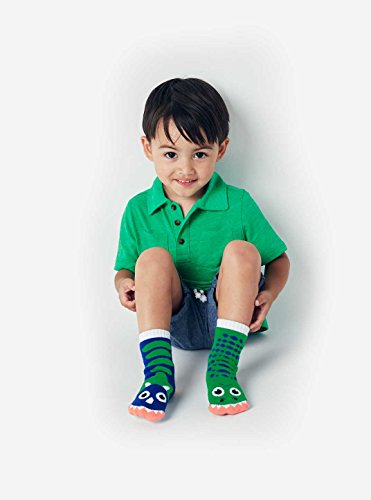 T-Rex & Triceratops Dinosaur Pals Mismatched Silly Dino Socks for Kids Boys Girls with Nonskid No Slip Grippers (Age 4-8) - Thumbnail 2