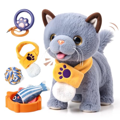TUMAMA Walking Toy Cat with Remote Control Leash, Walking,Meowing, Shake Tail, Licking, Electric Interactive Stuffed Animal, Birthday Gift for Kids