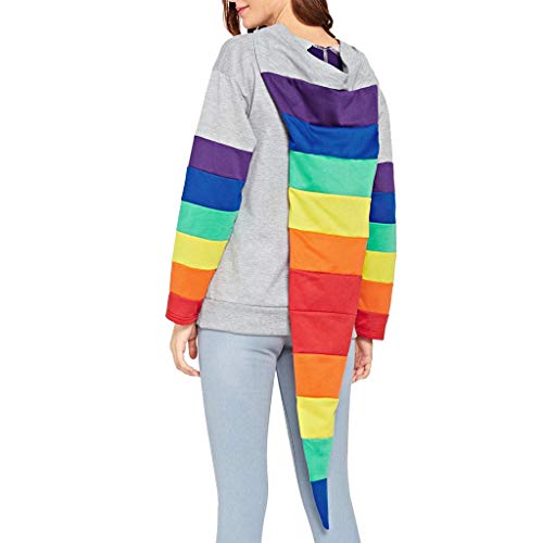 Alangbudu Women Novelty Super Long Tail Rainbow Stripes Hoodie Long Sleeve Pullover Loose Blouse Shirt Tops Sweatshirt