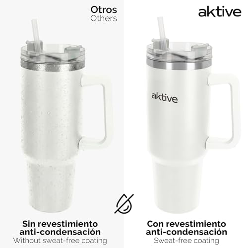 AKTIVE Insulated Stainless Steel Tumbler, 1.2L, White, Measures 15 x 10 x 27 cm, Leakproof Lid, Includes Straw, Ergonomic Handle, BPA Free, Non-Slip Base, Thermos Bottles (63152)