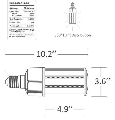 40W LED Corn Light Bulb 4000K Replaces 400W, 4,600 lumens Mogul Base E39, 100-277V AC UL DLC
