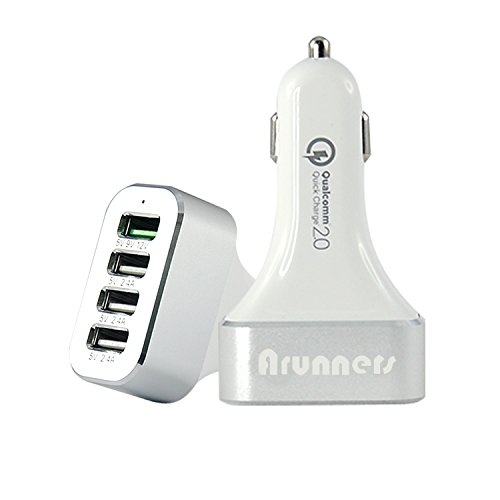 Arunnersâ„¢ Quick Charger 2.0 54W 4 Port Usb Car Charger 9.6A Apadter for Samsung Galaxy S6 Edge+, Note 4 5 Edge, Nexus 6 and More, White and silver (QC2.0 Ã—1, 2.4A Power USB Port Ã—3)