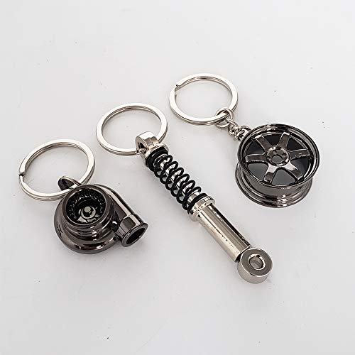 Ispeedytech 3 Auto Part Model Metal Keychain/Key Ring/Holder Set- Wheel Rim Tyre,Spinning Turbo, Spring Shock Absorber Keychain