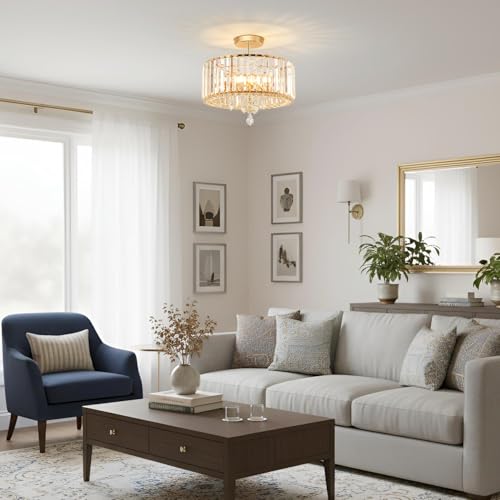 ANWIO Crystal Ceiling Light, Bedroom Glass Ceiling Lamp with 3 E27 Base, Larger Size Gold Modern Pendant Lamp, Ceiling Lights for Living Room, Kitchen, Dining Rooms (37 cm, Without Bulb)