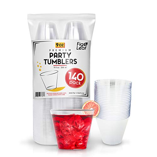 Fig & Leaf (140 Pack) - 9 OZ Clear Plastic Cups Premium Hard Plastic Party Cup l Old Fashioned Tumblers 9-Ounce l Sturdy Disposable Reusable Durable l Top Choice for Catering Wedding Birthday Event