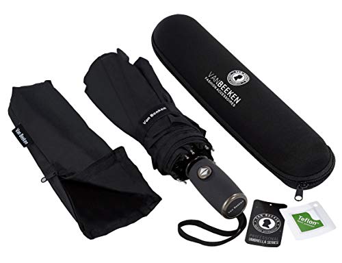 VAN BEEKEN Umbrella Windproof I Wind Resistant Travel Umbrella with Teflon I Light Compact Umbrella I Mini Umbrella Portable Folding Umbrella for Men Women (Black)